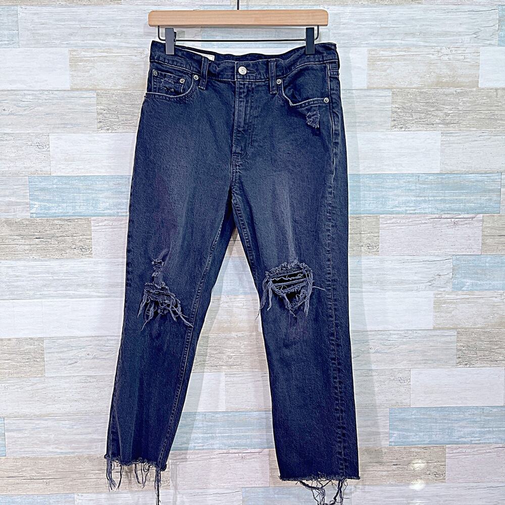 GAP Distressed High Rise Cheeky Straight Jeans Faded Black Wash Womens 8P 29